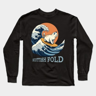 Scottish Fold Cat Surfing On The Great Wave Off Kanagawa Long Sleeve T-Shirt